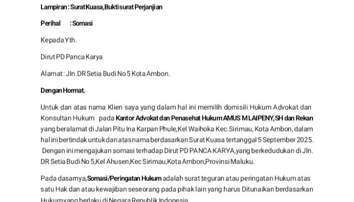 Belum Bayar 9 Bulan Sisah Gaji Mantan Karyawan, Perumda Panca Karya Di Somasi